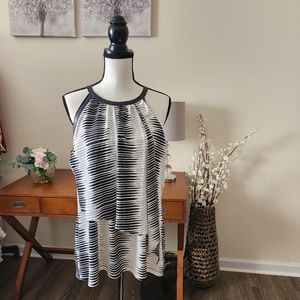 Alfani top, Sleeveless, large  faux leather trim front design, cream and black